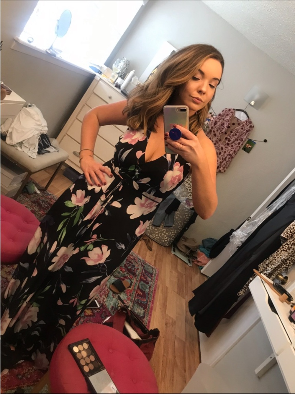 Yumi Kim Black Floral Maxi Dress with Pink Blooms